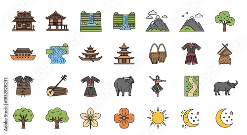 Asian Culture Icons: Traditional Buildings, Nature, Clothing, Animals, and Symbols