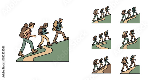 Hikers Climbing Mountain Trail, Group Trekking Adventure, Outdoor Activity