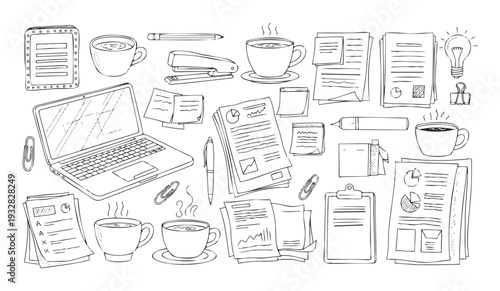 Collection of hand drawn office supplies and business work elements including a laptop coffee cups documents and stationery for productivity and education themes