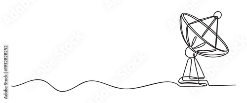 Modern minimalist continuous line drawing depicting a radio telescope satellite dish symbolizing global communication and technological advancement for telecommunication projects