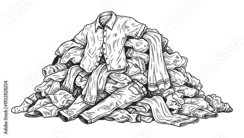 A large disheveled pile of clothing, featuring shirts and pants, forming a messy heap of laundry, ideal for illustrating household chores, organization challenges, or textile industry