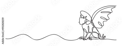 Single continuous line drawing of a charming pixie with graceful wings sitting on an imagined wavy surface, perfect for elegant branding, decorative print, or childrens book cover
