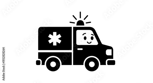 Cute Smiling Ambulance Icon with Siren and Medical Symbol