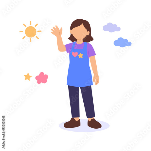 Morning Greeting, Teacher and kids exchanging cheerful morning wishes, Flat vector character illustration