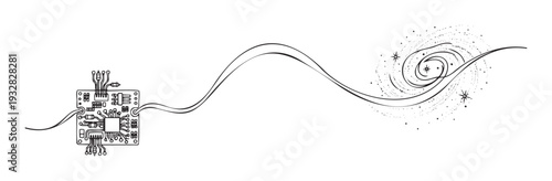 A dynamic visual representation connecting a detailed electronic circuit board with a sprawling spiral galaxy, symbolizing the vast reach of technology and data in the universe for science