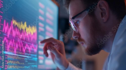 Man in Glasses Analyzing Colorful Stock Charts on Multiple Monitors | Trader or Analyst Focused on Financial Graphs in Dim Office