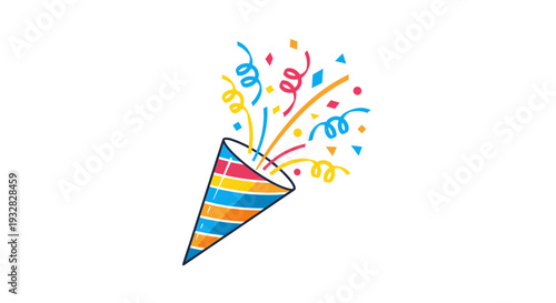 Hand Drawn Party Popper Exploding with Colorful Confetti and Streamers