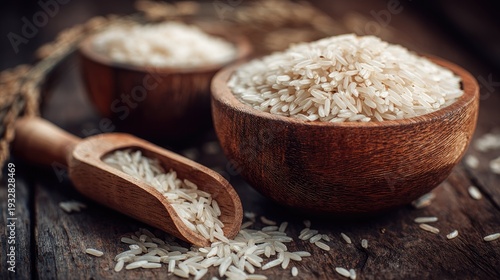 Close up of uncooked rice in wooden bowls and a scoop on a rustic surface