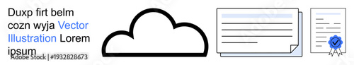 Cloud storage, data management, document certification, digital records, file sharing, secure access. Cloud icon, text documents and certification badge. Cloud storage and data management concept