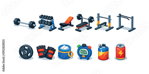 Gym equipment icon set. Weightlifting, fitness 3d icons for training and exercise.