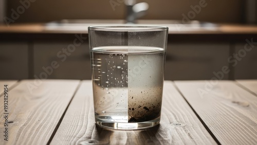 A glass of water, half clean and half dirty, rests on a wooden table in a kitchen.