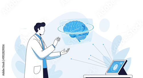 Doctor analyzes brain scan with futuristic technology, medical innovation concept