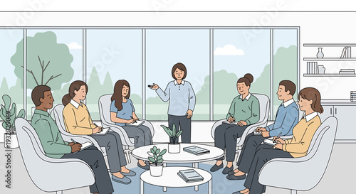 Diverse group attending a presentation in a modern office with large windows and natural light.