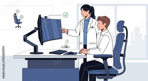 Doctor and patient at computer, ergonomic assessment, healthcare consultation