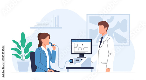 Doctor performing lung function test on a patient with spirometry equipment.