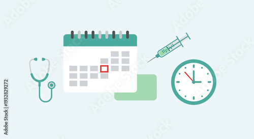 Medical Appointment Scheduling with Calendar, Stethoscope, Syringe and Clock