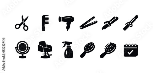 Hairdressing tools solid icon set. hair styling, grooming, barber tools solid collection