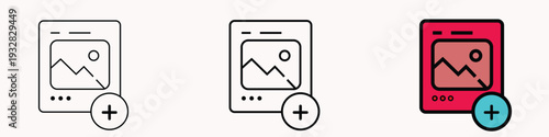 Vector Set of Image Upload Icons: Simple Line Art and Color Options for Web and App Design Elements.
