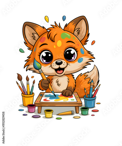 Cartoon fox painting colorful with brushes and paints