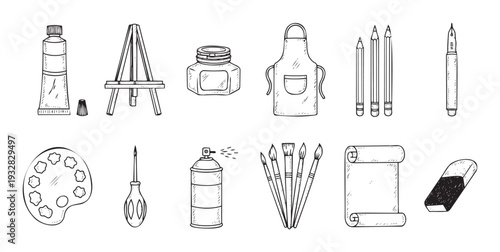 Collection of essential artist and crafting tools including paint brushes, pencils, and easel, perfect for promoting workshops and creative educational content.