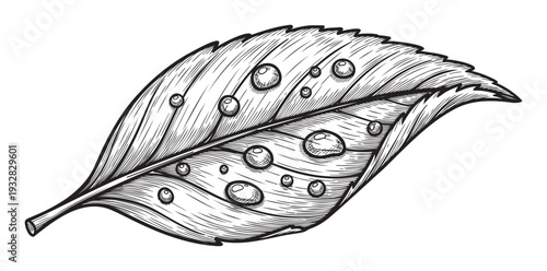 Detailed natural leaf with fresh morning dew drops, rendered in a vintage engraving style, perfect for organic product packaging, naturethemed prints, or ecological education materials.