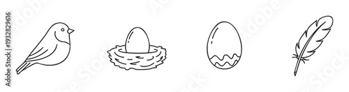 Simple outline icon set featuring a small bird, an egg in a nest, a single egg, and a feather, perfect for educational materials, wildlife themes, or graphic design projects.