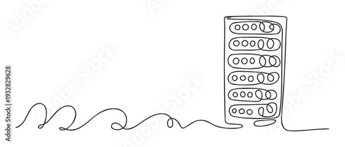 Energetic single line artwork featuring an abstract server building connected by a fluid continuous path, perfect for modern technology representations, digital network solutions, and data
