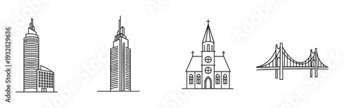Collection of iconic urban structures featuring modern highrise buildings, classic churches, and majestic suspension bridges, ideal for city planning presentations and destination guides.
