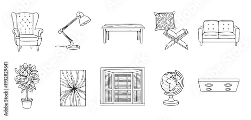 A comprehensive collection of interior furniture and home decor items presented as detailed line drawings, perfect for architectural plans, room layouts, or furnishing guide graphics.