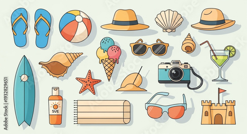 Collection of summer vacation items, perfect for beach holidays and relaxation.
