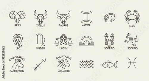 Zodiac signs symbols arranged in a row, representing astrological concepts and celestial bodies.