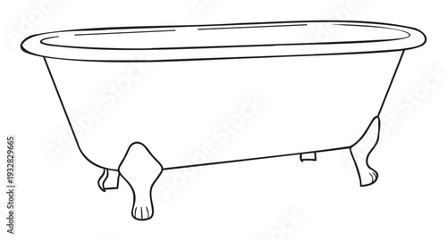 Classic vintage clawfoot bathtub line drawing perfect for bathroom decor ideas, plumbing advertisements, or home renovation projects requiring a traditional fixture graphic
