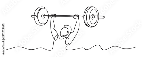 Minimalist one continuous line drawing of a determined weightlifter holding a heavy barbell overhead, symbolizing strength, power, and success for sports, gym, and achievement themes.