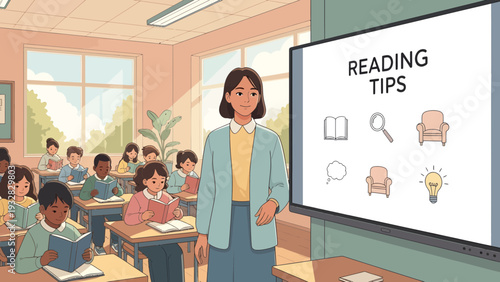 Teacher presenting reading tips to students in a classroom.