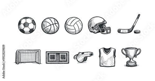 Sports and fitness sketch icon set. hand-drawn, outline icons for exercise, equipment