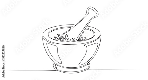 Continuous line drawing of a traditional mortar and pestle filled with ingredients, perfect for representing natural medicine, herbal remedies, cooking, or laboratory applications