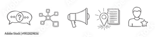 This collection of handdrawn business icons features communication, network connections, announcement megaphone, location documents, and favorite user symbols for various corporate or