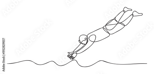 A continuous line drawing of a person diving into water, perfect for illustrating concepts of movement, sport, recreation, or summer activities in various educational or marketing contexts.