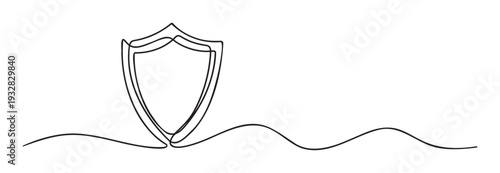 Modern continuous line drawing of a shield emblem symbolizing strong protection and digital security solutions perfect for technology company branding, financial service marketing, and