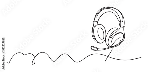 Continuous line drawing of a modern headset with a microphone representing customer service and online communication perfect for technology and support related content