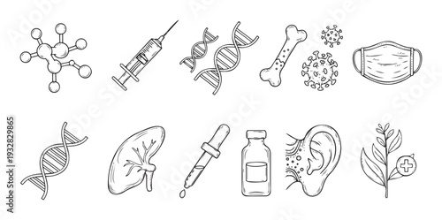 Healthcare and biology themed line art icons set featuring essential medical instruments, anatomical elements, genetic structures, and disease representations for science education and
