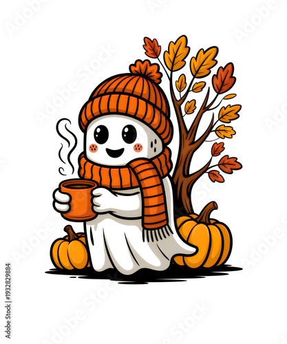 Cartoon ghost wearing orange hat and scarf holding mug