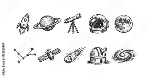 Space exploration icon set. astronomy, space travel line icons collection