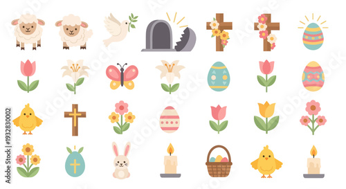 Easter Icons Set: Religious & Spring Symbols - Eggs, Crosses, Lambs, Chicks, Tulips, Lilies, Butterflies