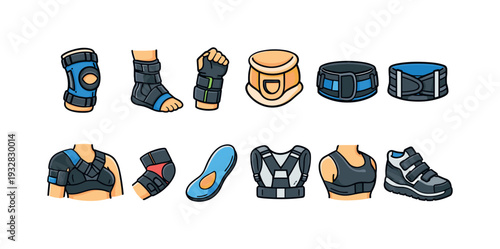 Sports injury protection flat icon set. knee, wrist, brace, protection icons collection