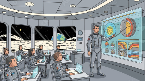 Astronauts in space classroom learning about celestial bodies.