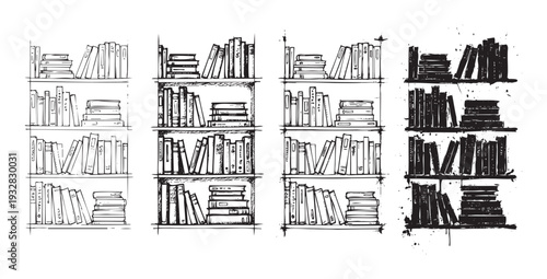 A collection of four distinct hand drawn styles of bookshelves brimming with various books, symbolizing education, knowledge, and library settings for diverse academic and literary