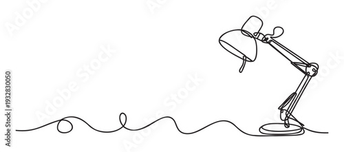 Continuous line drawing of a black desk lamp with an adjustable arm and power cord suitable for educational, office, or creative project concepts