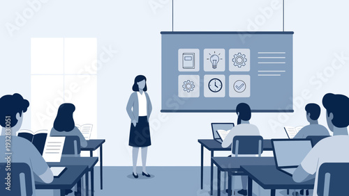 Businesswoman presenting in a modern classroom setting with students.
