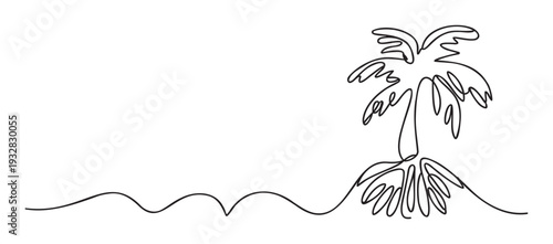 Minimalist continuous line drawing of a palm tree on a wavy ground evoking a tropical beach scene perfect for travel promotions, vacation themes, or summer graphic projects.